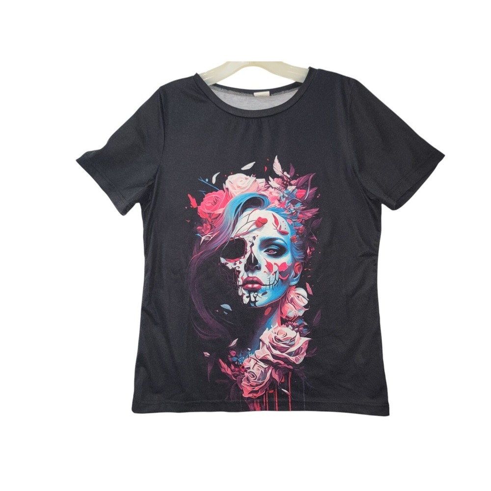 Mask and Roses Women's Masquerade Black Polyester Blend T-Shirt Size M